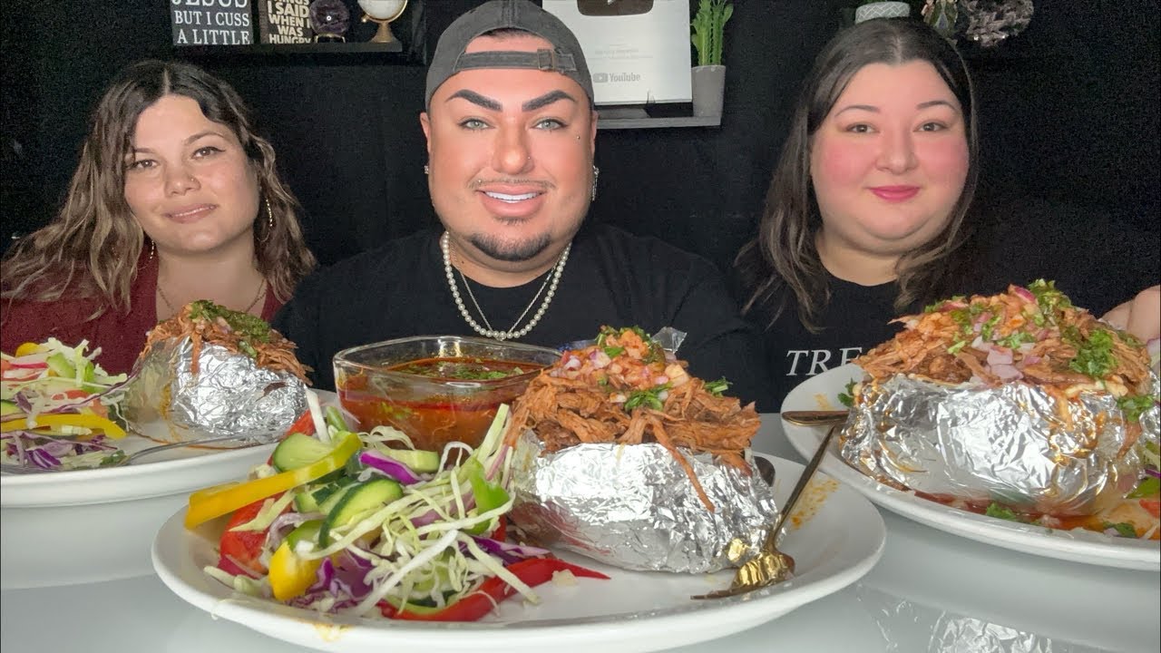 LOADED BIRRIA BAKED POTATO MUKBANG • w/ La Gordiz Eats & Livin La Vida Aries • Thank You AKAitsLulu