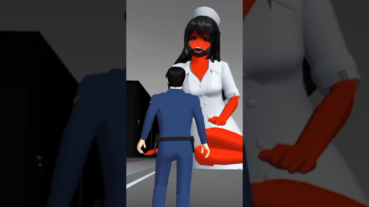 Police pass in front of the very scary ghost of the red nurse 