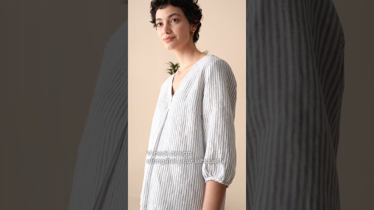 💙 Lintico Linen Top – Striped V-Neck Puff‑Sleeve Pullover 🎀 