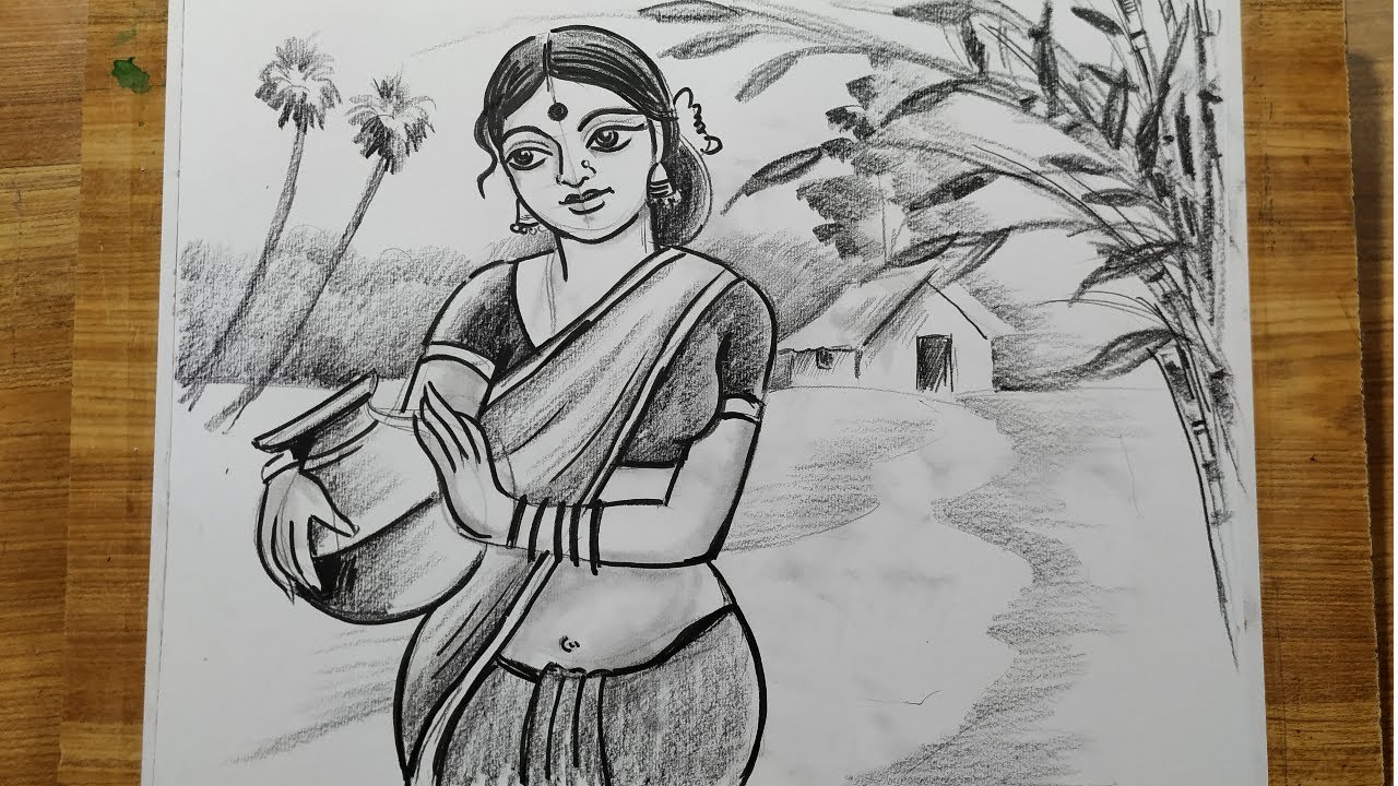 how to draw village girl,how to draw easy pencil sketch scenery ...