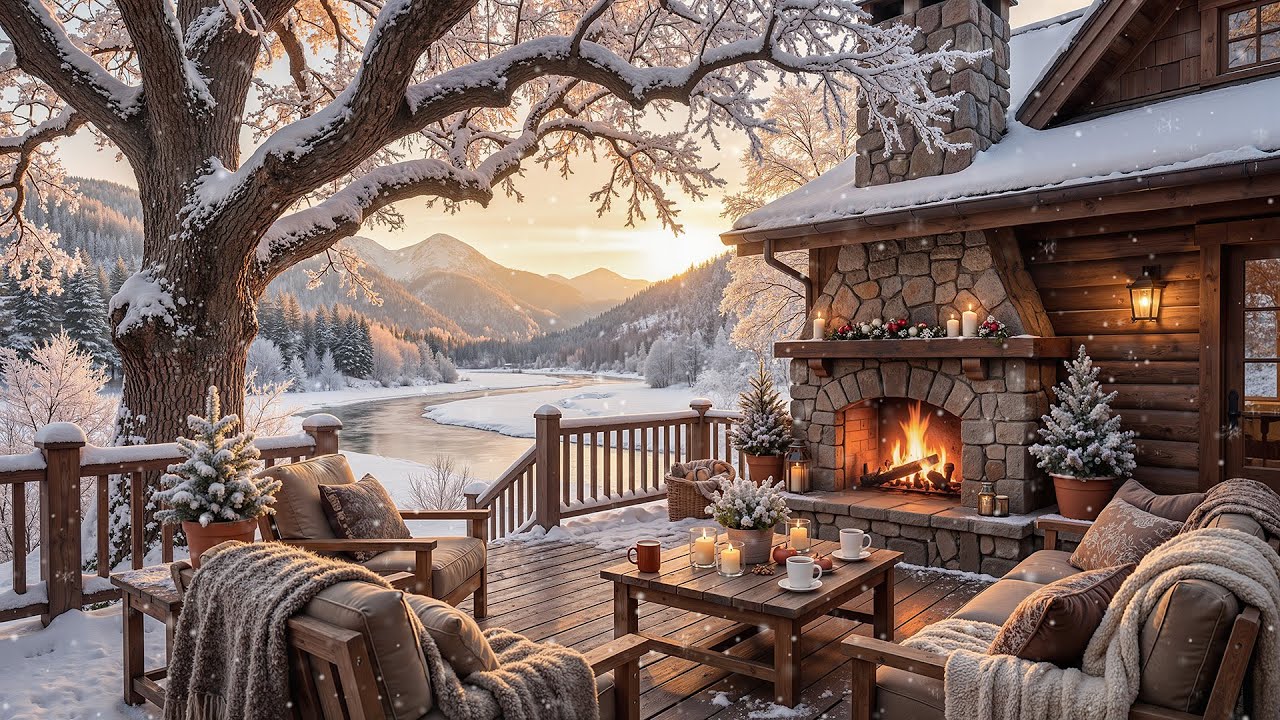 Уютная зимняя джазовая кофейня на веранде | Музыка в стиле smooth jazz и звуки камина