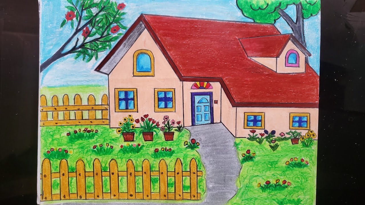 Easy scenery drawing // Draw a beautiful house with a garden (without oil pastel)