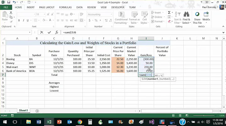 Using Excel to Calculate Gain or Loss and Weight of stocks in a Portfolio by Paul Borosky, MBA.