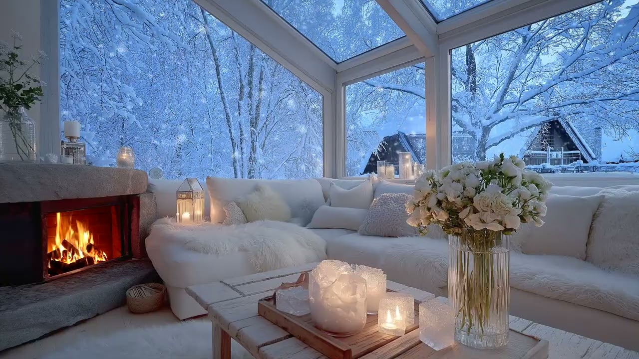 🌨️🏡 Cozy Snow Piano | White Flower Lounge Fireplace Atmosphere | 5 Hours Calm Study Focus Relax