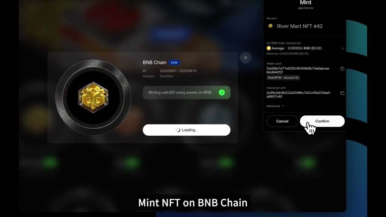Mint satUSD with wBNB & Claim BNB NFT | River Mart Tutorial