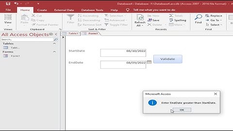 How to validate endDate Greater than startdate in ms access forms