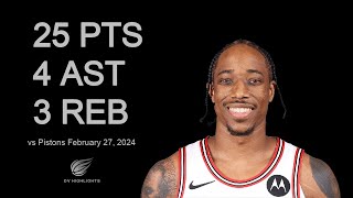 DeMar DeRozan 25 pts 4 ast 3 reb vs Pistons | February 27, 2024 |