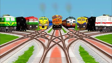 9 Trains 🙅 Crossing By Bumpy Branched Railroad Tracks | Indian railways | train simulator classic