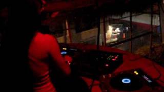 DJ Rhiannon spinning tech house using CDs with Pioneer CDJ 800s in Cholula, Puebla, Mexico