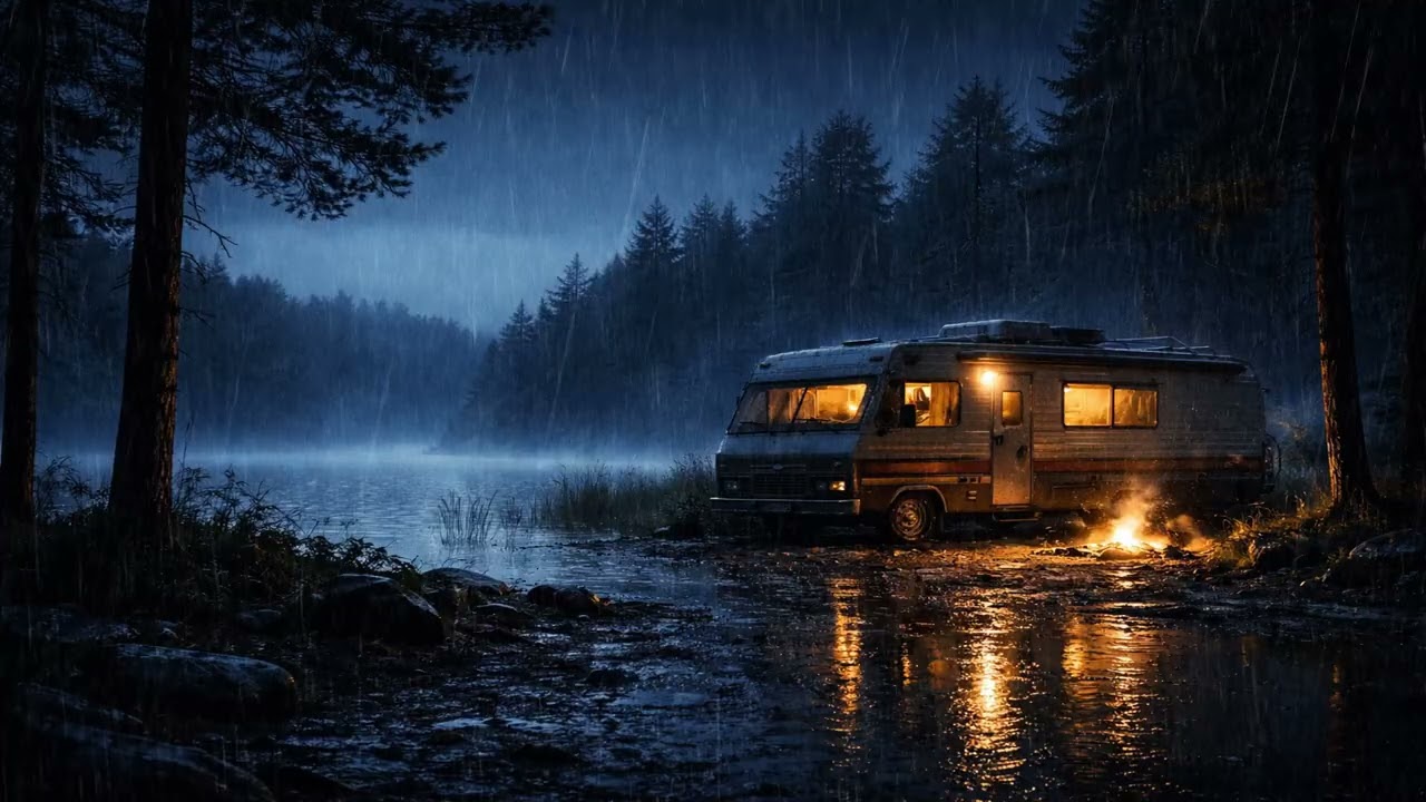 Rain Ambience | Fishing Lake Camper Van Night – Gentle Rain