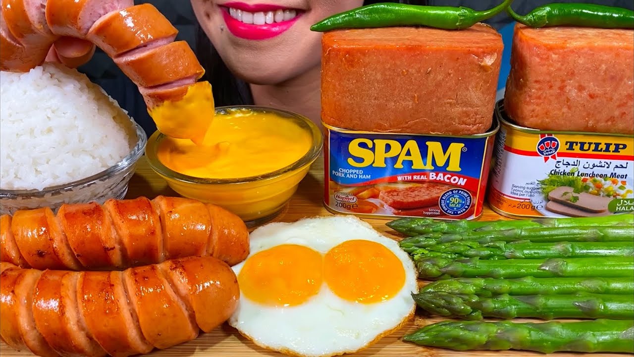 ASMR SAUSAGES, SPAM, ASPARAGUS, EGGS, CHEESE SAUCE, RICE MASSIVE Eating Sounds