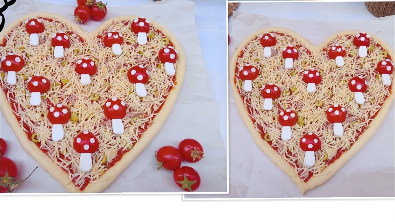 بيتزا بروماكس على شكل قلب❤️والتزيين بشكل حبة الفطر 🍄عبروا على حبكم لمحبيكم بهذي البيتزا😍🥰😘