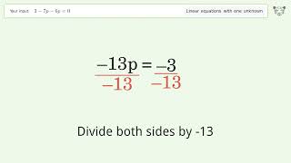 Linear equation with one unknown: Solve 3-7p-6p=0 step-by-step solution