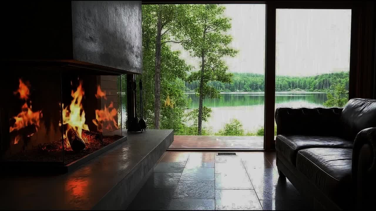 Cozy Fireplace Ambience and Rain Sounds for Deep Sleep 🌲🌧️ Luxury Lakeside Retreat
