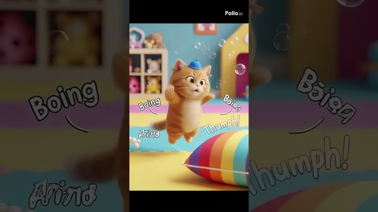 orange cat wearing a tiny blue cap is trying to catch bubbles