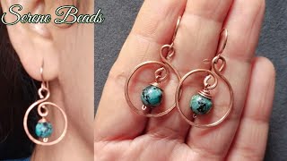 Wire wrapped hoop earrings with stone bead / Wire earrings / Copper wire hoop earrings