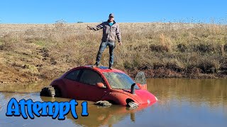 MINI MUDDER ATTEMPTS TO SKI ACROSS POND