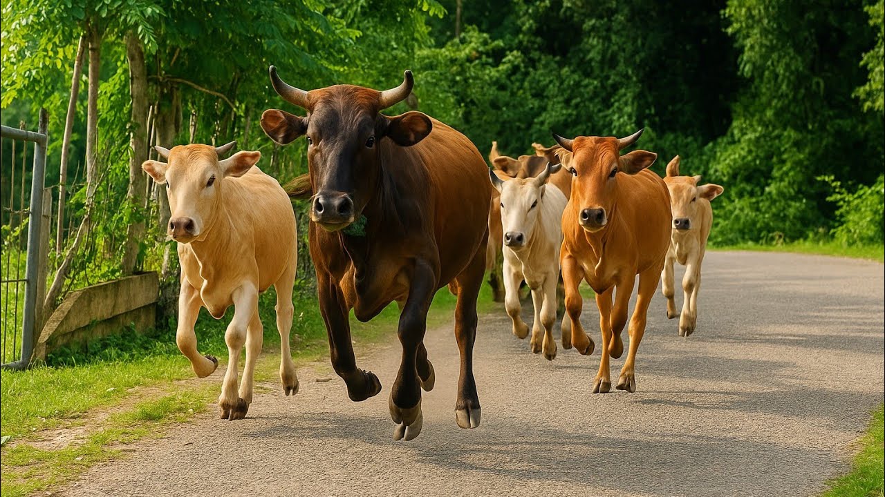 puluhan sapi lumbu berlarian di jalan dengan sangat gembira, suara sapi ...