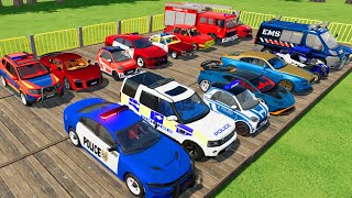 TRANSPORTING CARS, AMBULANCE, POLICE CARS, FIRE TRUCK OF COLORS! WITH TRUCKS! - FS 22