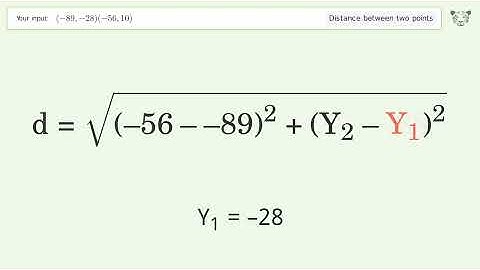 Find the distance between two points p1 (-89,-28) and p2 (-56,10): Step-by-Step Video Solution