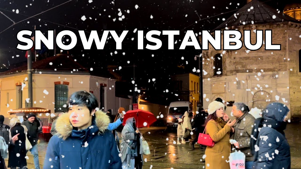 Snowy Istanbul Night | peaceful winter walking video 