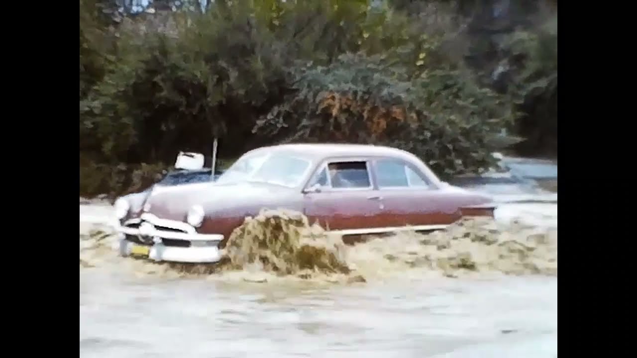 Van Nuys, CA Flooding 1950's.  Color Film Footage