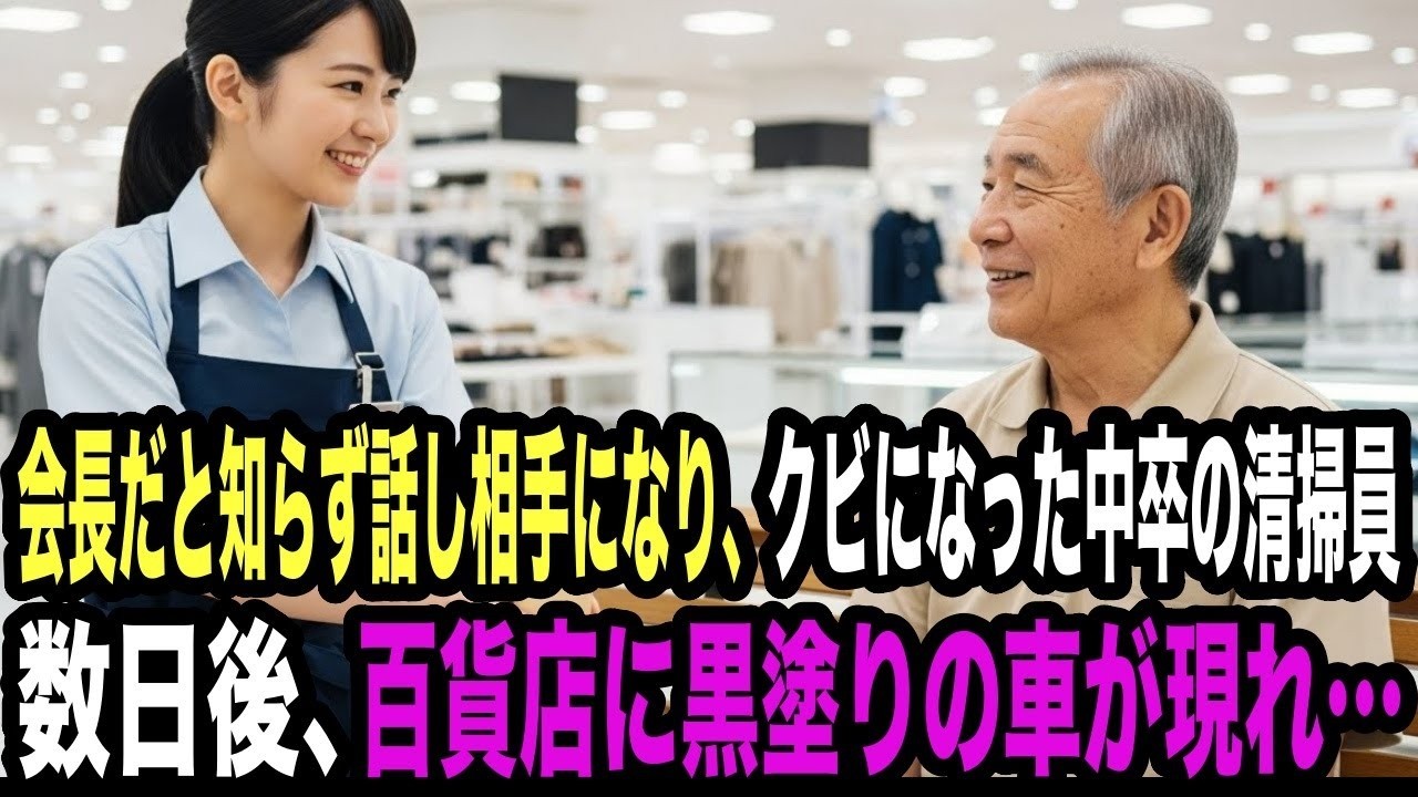 会長だと知らず話し相手になっていた百貨店の清掃員が突然クビに。しかし３日後、黒塗りの車が現れ…