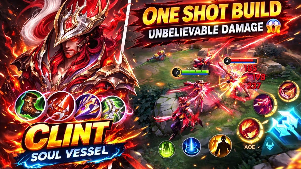 CLINT SOUL VESSEL SKIN – ONE SHOT BUILD. INTENSE MATCH !! FULL BURST - MOBILE LEGEND