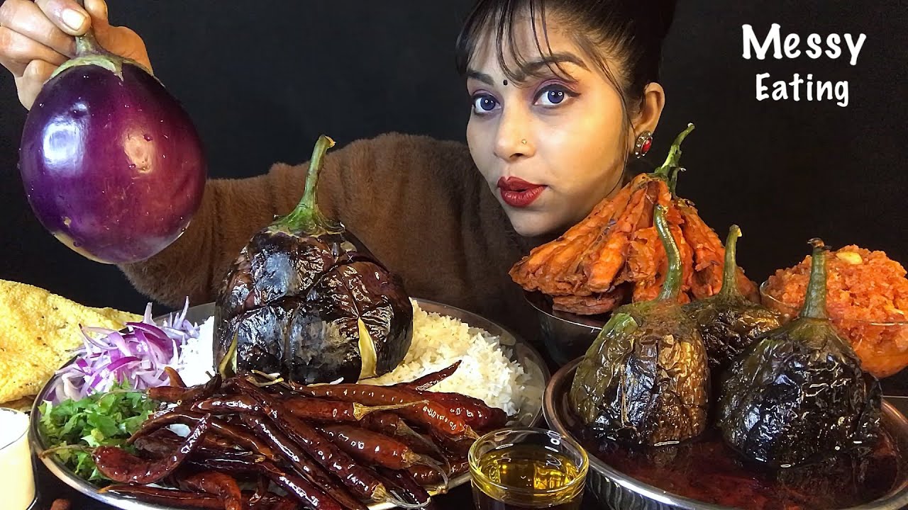EATING RICE CHILLI BAINGAN BHARTA,BAINGAN CURRY,BAINGAN PAKODA, GAJAR HALWA,PAPAD | ASMR EATING SHOW
