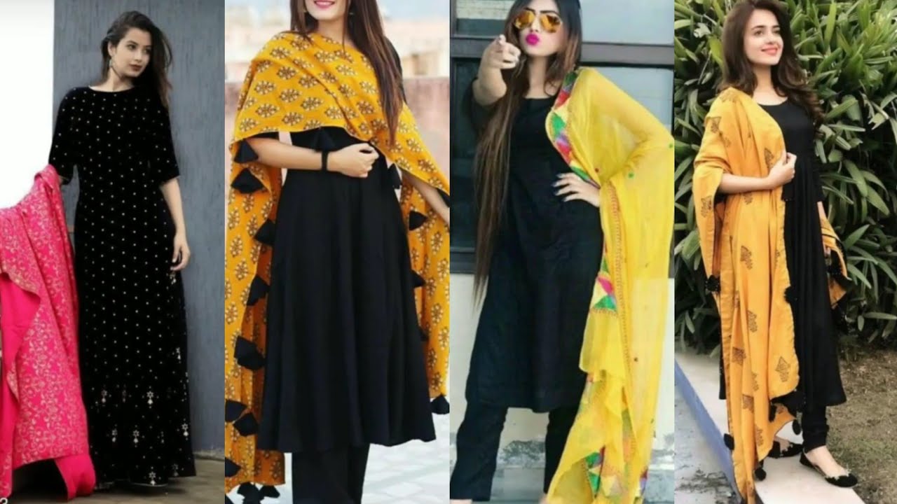 Plain black kurti with contrast dupatta design ideas,printed dupatta with  plain suit - YouTube