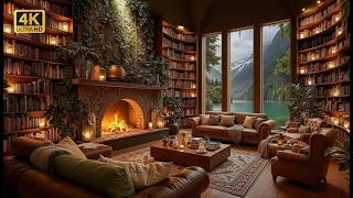 Firelit Rain Library Jazz with Panoramic Alpine Silence | Book Immersion, Deep Focus & Calm Haven