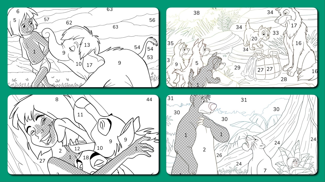 Color by Number The Jungle Book Disney Movie Scenes Mowgli Wolves Baloo ...