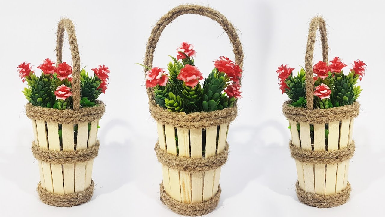 Flower Basket Show Piece with Icecream Sticks Popsicle Sticks Craft Idea DIY YouTube