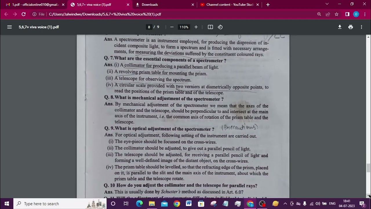 viva voice for || refractive index ||despersive power of material of prism  using spectrometer