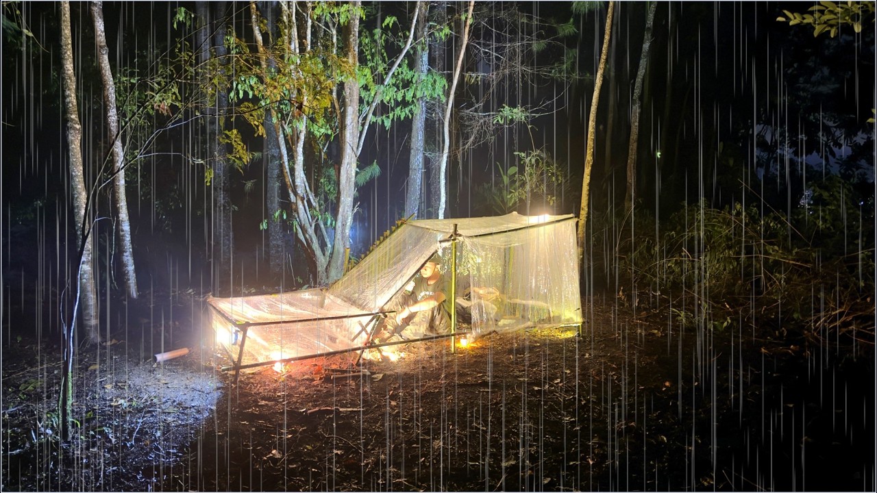 Solo Camping Bushcraft in Heavy Rain | Building a Shelter in the Fog ...