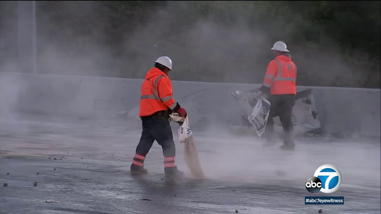 Fiery big rig crash on 57 Freeway shuts down lanes for hours - YouTube