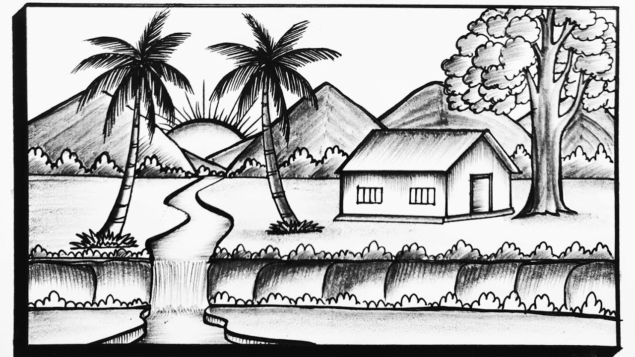 How To Draw A Simple Scenery Drawing|Beautiful Waterfall Scenery Drawing|Easy Village Nature Drawing