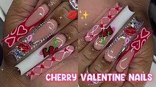 CHERRY VALENTINE NAIL FREESTYLE 💋✨🍒 | HOW TO BLING FRENCH 💎 FULL ACRYLIC NAIL TUTORIAL 🤍
