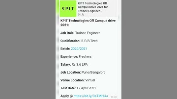 KPIT Technologies Off Campus Drive 2021 for Trainee Engineer B.E/B.Tech Fresher Sal:3.6 lac Banglore