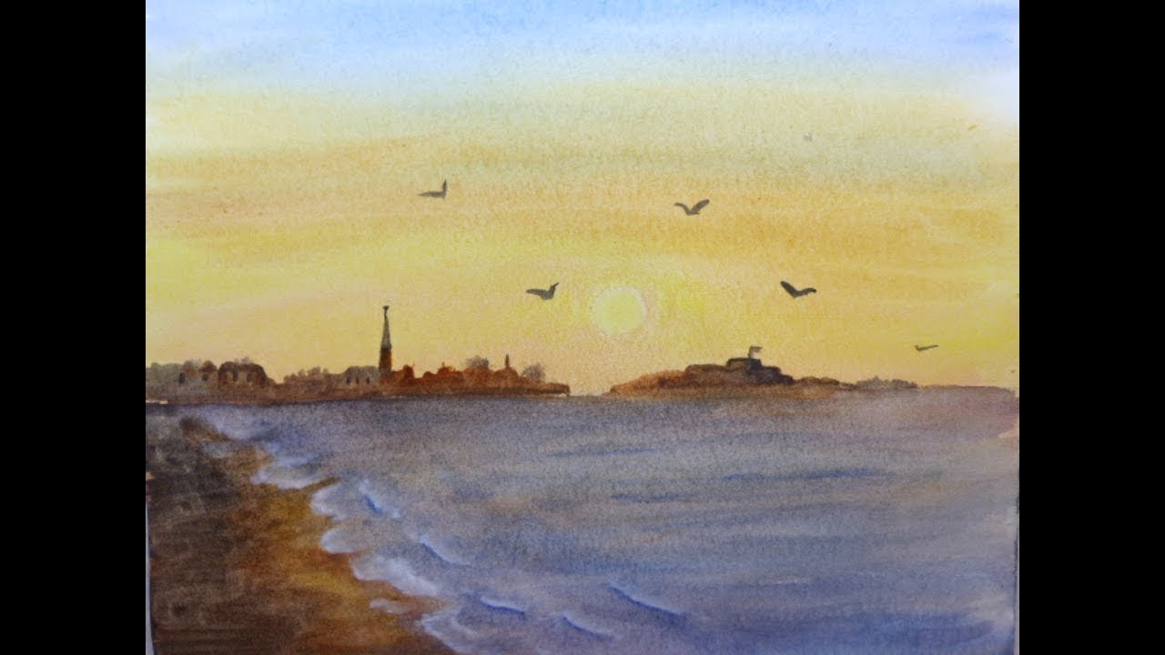 Facile ) Coucher de soleil aquarelle pour débutants - Aquarelle facile