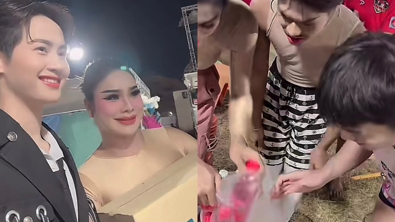 ต้าวหยอง นำของรางวัลจากการล้วงไหเสี่ยงโชค แจกพี่ๆ ทีมงานในวง ￼