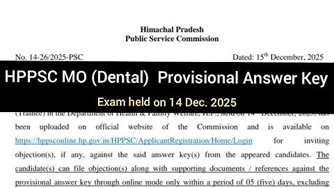 HPPSC MO (Dental) Provisional Answer Key released !! Exam held on 14 dec. 2025 #hppsc #hp #hpexam 