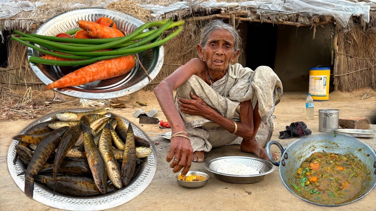 SNAKE HEAD FISH with Carrot & onion puti recipe cooking and eating by poor widow Grandma 