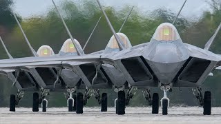 Billions $ Fleet of US F-22 Take Off One by One During Elephant Walk