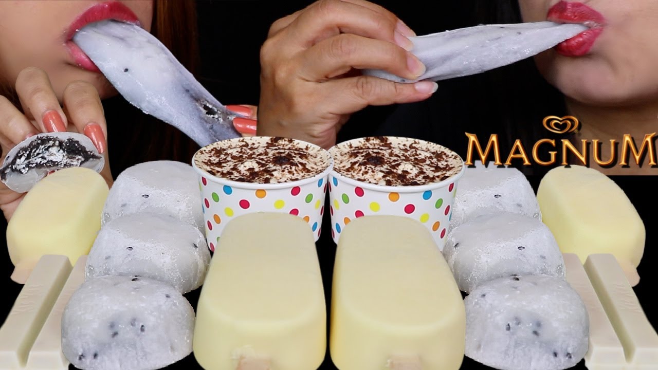 ASMR BLACK SESAME CREAM DAIFUKU MOCHI, WHITE CHOCOLATE MAGNUM ICE CREAM BARS, KITKATS, CAKE CUPS 먹방