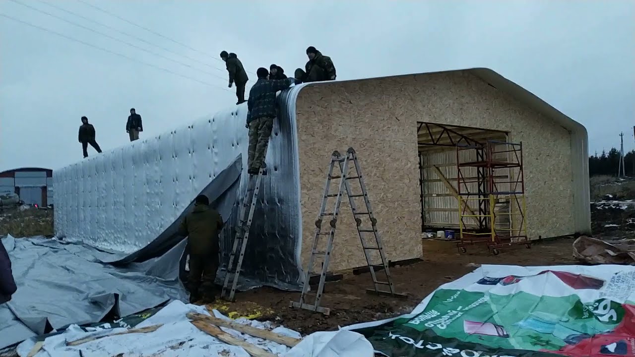 Каркасный Прямостенный Ангар Склад.  Тепофолом, Натяжка тента .