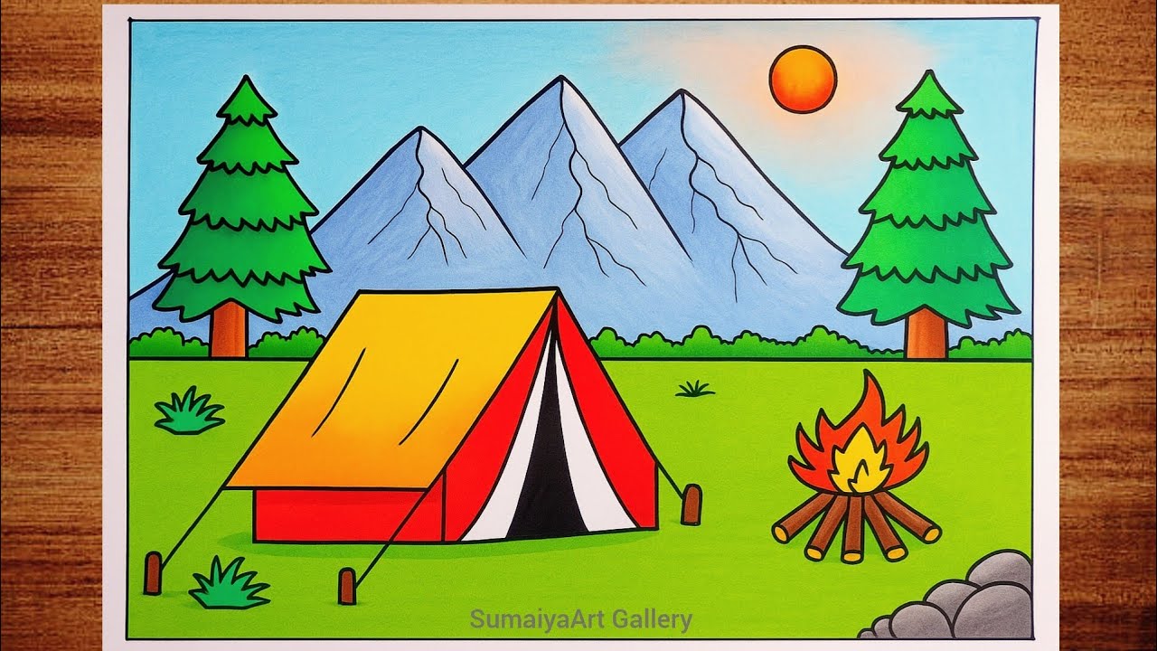 Easy Camping Scenery Drawing | Nature Drawing for Beginners | Mountain Camping Scene step by step 