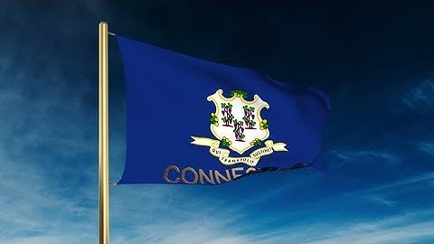 4K connecticut flag slider style with title. Waving in the wind with cloud background animation