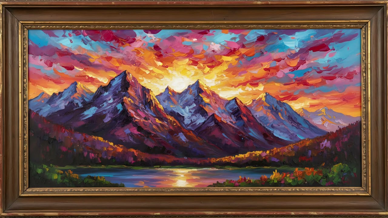 Sunset Mountain Landscape Painting | Gold Frame TV Art | Vintage Landscape Art Screensaver for TV