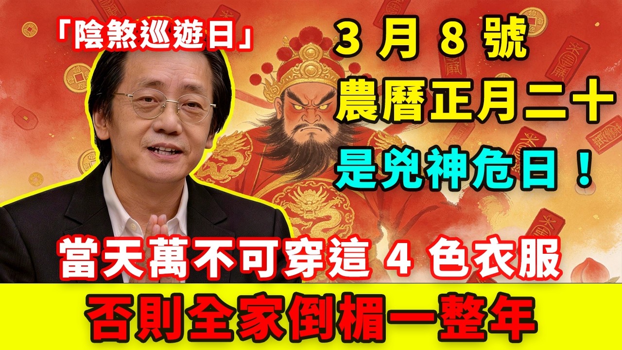 是兇神危日！3 月 8 號，農曆正月二十，「陰煞巡遊日」，當天萬不可穿這 4 色衣服，一旦穿錯，霉運纏身！否則全家倒楣一整年！
